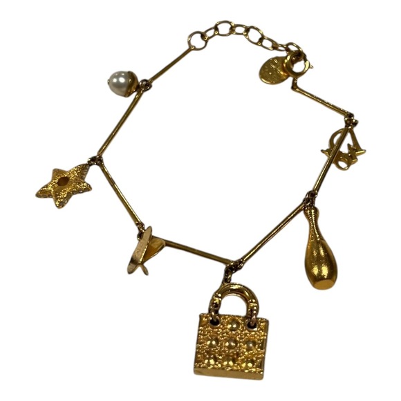 Authentic Christian Dior‎ Gold Plated Logo Charm Bracelet Perfume Lock Star - Picture 1 of 6